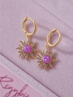 Disney tangled inspired Gold Sunburst Earrings with Pink purple Opal Center